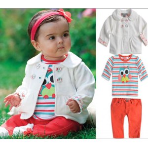 Костюм тройка AliExpress Baby Girls Set Cartoon owl stripes 3 pieces sets of new Kids suit Jacket coat + T shirt + pants Children clothing set Retail фото