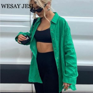 Рубашка AliExpress WESAY JESI Za Women's Shirt Buttons Autumn Green Blouses Women Elegant Casual Long Sleeve Shirts Female Turn Down Collar Tops фото