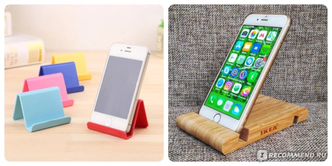 Слава - китайская подставка для айфона. Справа бамбуковая подставка для смартфона или планшета БЕРГЕНЕС 2 в 1 от IKEA.